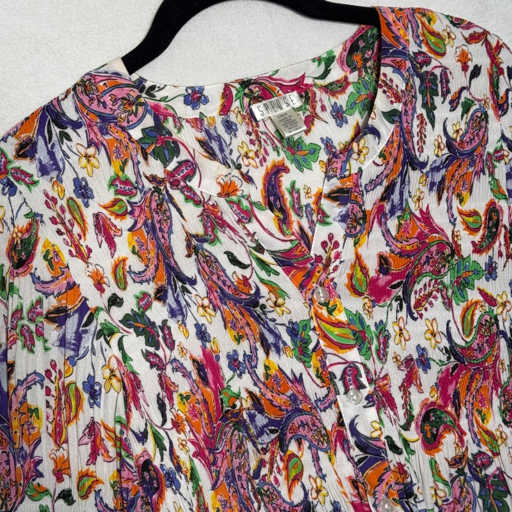 Spense Women Large Paisley Floral Pleated Babydoll Blouse 3/4 Bell Sleeve V-Neck
